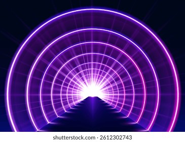 Glowing neon lines create a vibrant spectrum in an abstract 3D tunnel. Pink and blue colors form a circular portal leading into the unknown.	