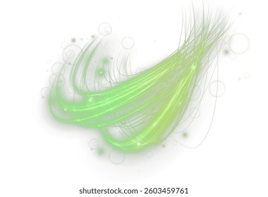 Glowing neon lines in green tones with sparkling energy effects and fast motion swirls. Abstract futuristic design featuring beams, streaks, and curved light waves on a transparent background. png