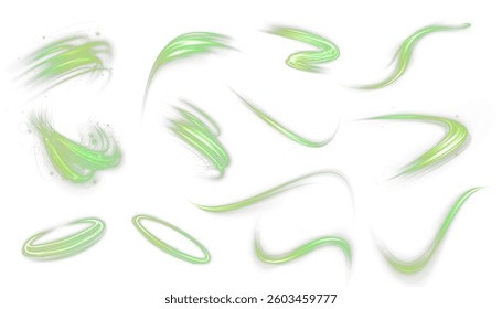 Glowing neon lines in green tones with sparkling energy effects and fast motion swirls. Abstract futuristic design featuring beams, streaks, and curved light waves on a transparent background. png