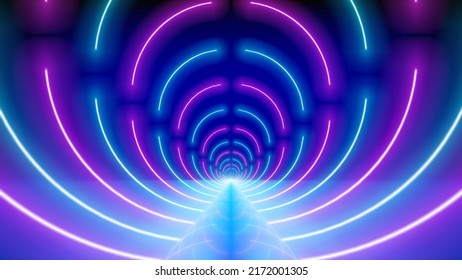 Glowing neon lines, led tunnel. Abstract technological background, virtual reality. Pink blue purple neon corridor of circles, perspective. Ultraviolet bright glow. Vector illustration