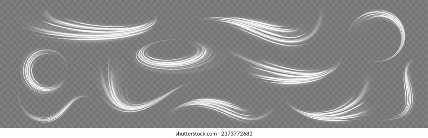 Glowing neon lines png of speed. Set of light effect twirl, trail wavy. White light trails with motion blur effect, long exposure time vector. Luminous glitter circle. Abstract sparkling swirl, wave