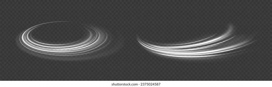 Glowing neon lines png of speed. Set of light effect twirl, trail wavy. White light trails with motion blur effect, long exposure time vector. Luminous glitter circle. Abstract sparkling swirl, wave