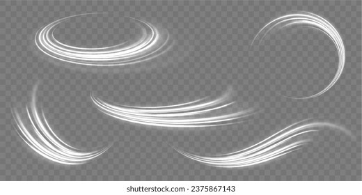 Glowing neon lines png of speed. Set of light effect twirl, trail wavy. White light trails with motion blur effect, long exposure time vector. Luminous glitter circle. Abstract sparkling swirl, wave