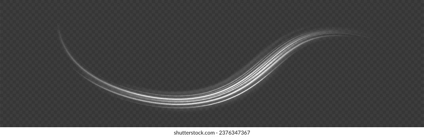 Glowing neon lines png of speed. Set of light effect twirl, trail wavy. White light trails with motion blur effect, long exposure time vector. Luminous glitter circle. Abstract sparkling swirl, wave