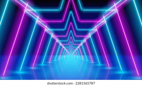 Glowing neon lines, star shaped led arcade, stage light, tunnel. Pink blue purple corridor glowing neon arch, perspective. Abstract technology background. Bright stage light. Vector illustration