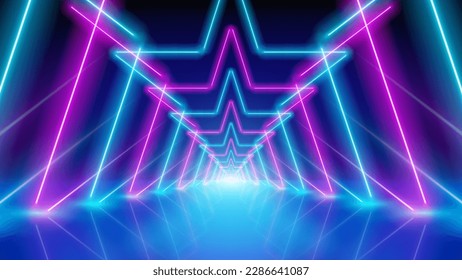 Glowing neon lines, star shaped led arcade, stage light, tunnel. Pink blue purple corridor glowing neon arch, perspective. Abstract technology background. Bright stage light. Vector illustration