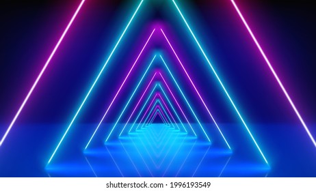 Líneas de neón brillantes, túnel, fondo tecnológico abstracto, realidad virtual. Pasillo triangular de neón púrpura rosa, perspectiva. Brillo brillante ultravioleta. Ilustración del vector