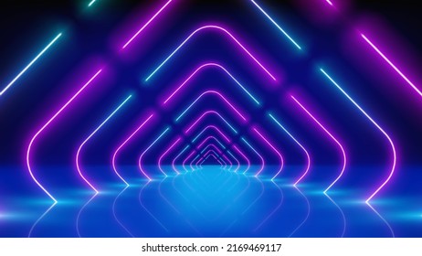 Líneas de neón brillantes, túnel, arcada de plomo, escenario. Resumen del trasfondo tecnológico, realidad virtual. Corredor morado rosado azul neón arco cuadrado, perspectiva. Brillo brillante ultravioleta. Ilustración del vector