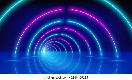 Glowing neon lines, tunnel, led stage. Abstract technological background, virtual reality. Pink blue purple neon corridor of circles, perspective. Ultraviolet bright glow. Vector illustration