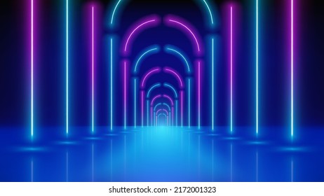 Glowing neon lines, tunnel, led arcade. Abstract technology background, virtual reality. Pink blue purple corridor neon arch, perspective. Ultraviolet bright glow. Vector illustration