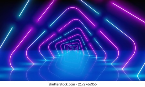 Glowing neon lines, tunnel, led arcade, stage. Abstract technology background, virtual reality. Pink blue purple corridor neon square arch, perspective. Ultraviolet bright glow. Vector illustration