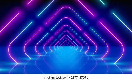 Líneas de neón brillantes, túnel, arcada de plomo, escenario. Resumen del trasfondo tecnológico, realidad virtual. Corredor morado rosado azul neón arco cuadrado, perspectiva. Brillo brillante ultravioleta. Ilustración del vector