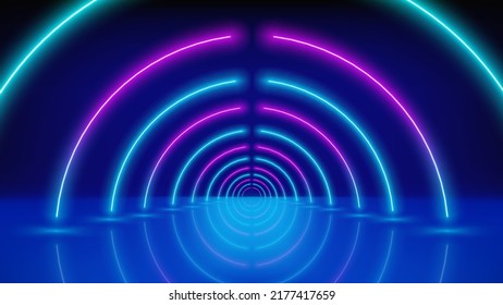 Glowing neon lines, tunnel, led stage. Abstract technological background, virtual reality. Pink blue purple neon corridor of circles, perspective. Ultraviolet bright glow. Vector illustration