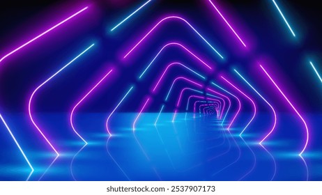 Linhas de néon brilhantes, túnel, arcade led, palco. Resumo da tecnologia, realidade virtual. Rosa azul roxo corredor neon arco quadrado, perspectiva. Brilho ultravioleta. Ilustração vetorial