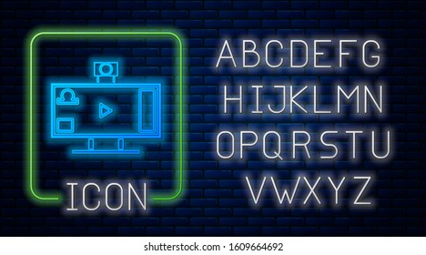 Glowing neon Live streaming online videogame play icon isolated on brick wall background. Neon light alphabet. Vector Illustration