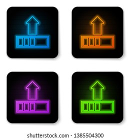 Glowing neon Loading icon isolated on white background. Upload in progress. Progress bar icon. Black square button. Vector Illustration