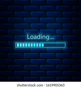 Glowing neon Loading icon isolated on brick wall background. Progress bar icon.  Vector Illustration