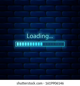 Glowing neon Loading icon isolated on brick wall background. Progress bar icon.  Vector Illustration