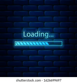Glowing neon Loading icon isolated on brick wall background. Progress bar icon.  Vector Illustration