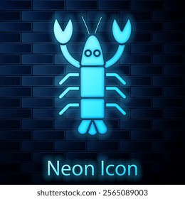 Glowing neon Lobster icon isolated on brick wall background.  Vector