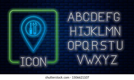 Glowing neon Location with crossed screwdriver and wrench tools icon isolated on brick wall background. Pointer settings symbol. Neon light alphabet. Vector Illustration