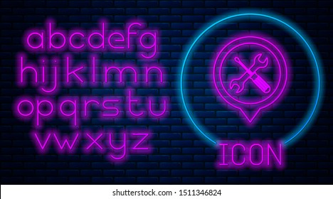 Glowing neon Location with crossed screwdriver and wrench tools icon isolated on brick wall background. Pointer settings symbol. Neon light alphabet. Vector Illustration