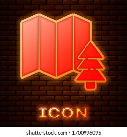 Glowing neon Location of the forest on a map icon isolated on brick wall background. Vector Illustration