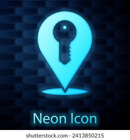 Glowing neon Location key icon isolated on brick wall background. The concept of the house turnkey.  Vector