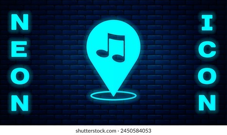 Glowing neon Location musical note icon isolated on brick wall background. Music and sound concept.  Vector