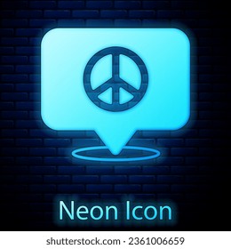 Glowing neon Location peace icon isolated on brick wall background. Hippie symbol of peace.  Vector