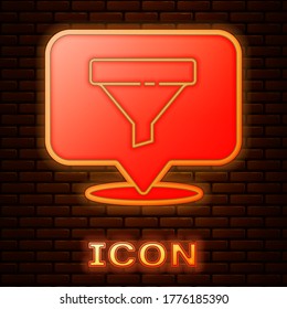 Glowing neon Location with sales funnel icon isolated on brick wall background. Infographic template. Vector Illustration