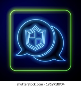 Leuchtendes Neon Location Schild Symbol einzeln auf blauem Hintergrund. Versicherungskonzept. Schutzschild. Sicherheit, Sicherheit, Schutz, Datenschutz  Vektorgrafik