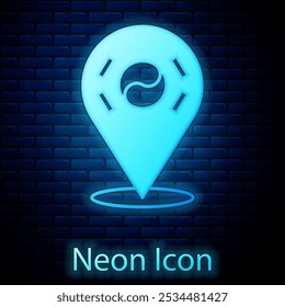 Glowing neon Location South Korea icon isolated on brick wall background.  Vector