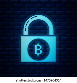 Glowing neon Lock with bitcoin icon isolated on brick wall background. Cryptocurrency mining, blockchain technology, security, protect, digital money.  Vector Illustration