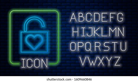 Glowing neon Lock and heart icon isolated on brick wall background. Locked Heart. Love symbol and keyhole sign. Valentines day symbol. Neon light alphabet. Vector Illustration