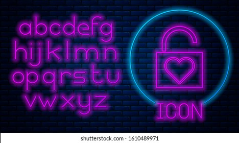 Glowing neon Lock and heart icon isolated on brick wall background. Locked Heart. Love symbol and keyhole sign. Valentines day symbol. Neon light alphabet. Vector Illustration