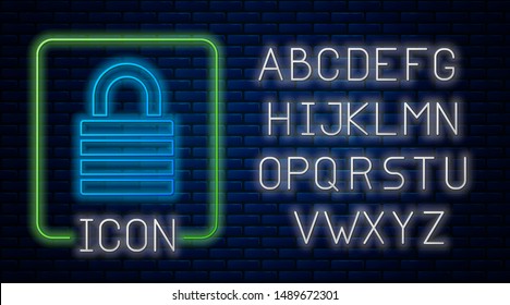 Glowing neon Lock icon isolated on brick wall background. Padlock sign. Security, safety, protection, privacy concept. Neon light alphabet. Vector Illustration