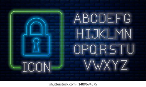 Glowing neon Lock icon isolated on brick wall background. Closed padlock sign. Cyber security concept. Digital data protection. Safety safety. Neon light alphabet. Vector Illustration