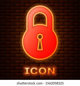 Glowing neon Lock icon isolated on brick wall background. Padlock sign. Security, safety, protection, privacy concept.  Vector Illustration