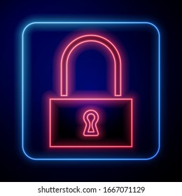 Glowing neon Lock icon isolated on blue background. Padlock sign. Security, safety, protection, privacy concept.  Vector Illustration