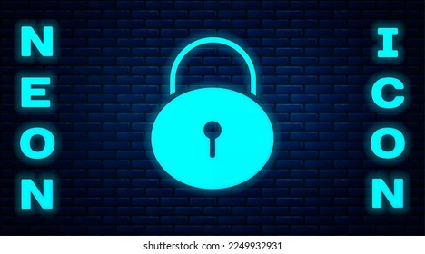 Glowing neon Lock icon isolated on brick wall background. Padlock sign. Security, safety, protection, privacy concept.  Vector Illustration