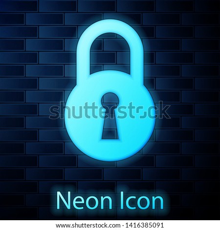Glowing neon Lock icon isolated on brick wall background. Padlock sign. Security, safety, protection, privacy concept. Vector Illustration