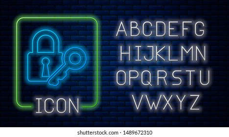 Glowing neon Lock and key icon isolated on brick wall background. Padlock sign. Security, safety, protection, privacy concept. Neon light alphabet. Vector Illustration