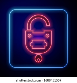 Glowing neon Lock and key icon isolated on blue background. Padlock sign. Security, safety, protection, privacy concept.  Vector Illustration