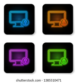 Glowing neon Lock on computer monitor screen icon isolated on white background. Monitor and padlock. Security, safety, protection concept. Safe internetwork. Black square button. Vector Illustration