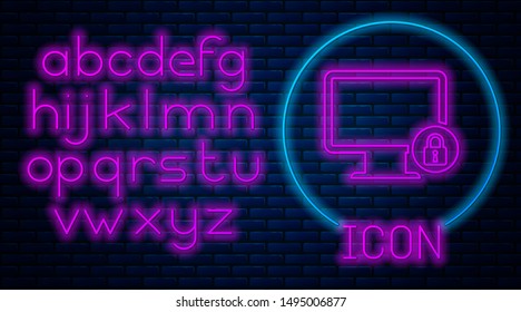 Glowing neon Lock on computer monitor screen icon on brick wall background. Monitor and padlock. Security, safety, protection concept. Safe internetwork. Neon light alphabet. Vector Illustration