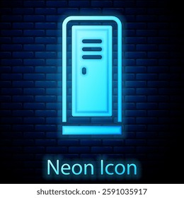 Glowing neon Locker or changing room for hockey, football, basketball team or workers icon isolated on brick wall background.  Vector