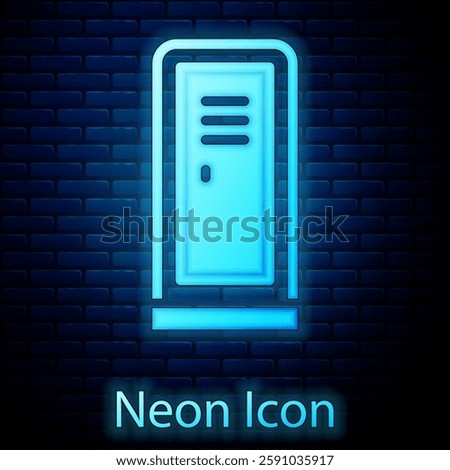 Glowing neon Locker or changing room for hockey, football, basketball team or workers icon isolated on brick wall background.  Vector