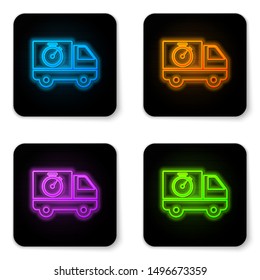 Glowing neon Logistics delivery truck and stopwatch icon isolated on white background. Delivery time icon. Black square button. Vector Illustration