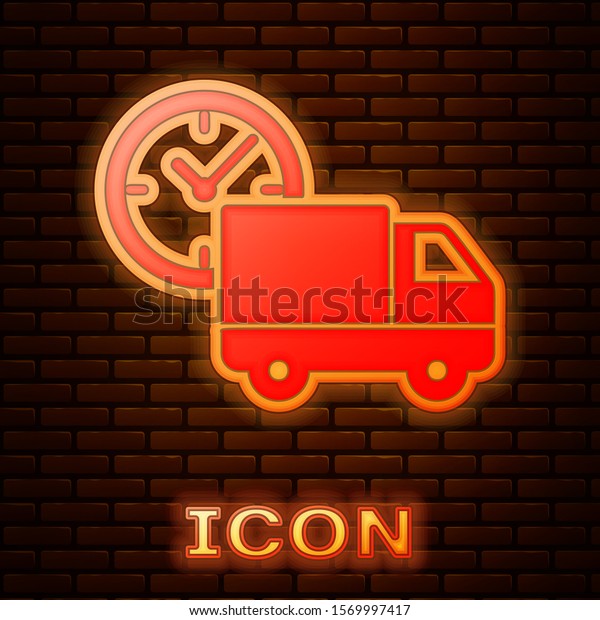 Glowing neon Logistics delivery truck and\
clock icon isolated on brick wall background. Delivery time icon. \
Vector Illustration